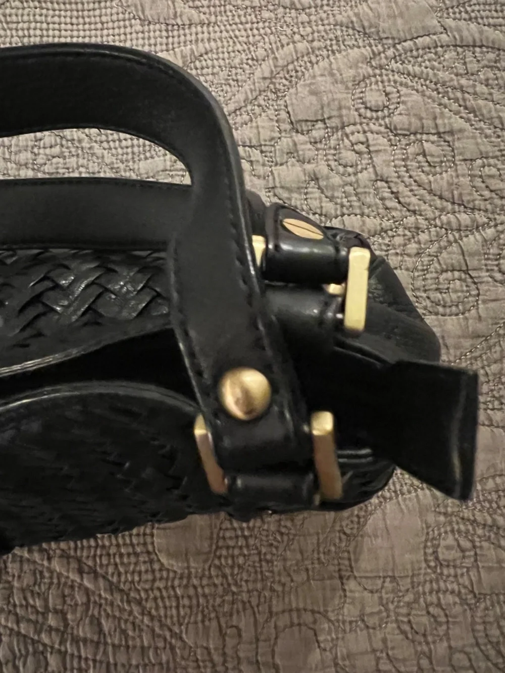 Cole Haan Village Weave Black Pebbled Leather Bag with Antiqued Brassy Trim